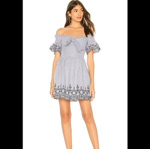 Anthropologie J.O.A. off‎ the shoulder blue gingham dress with embroidery